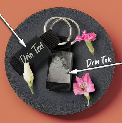 Schlüsselanhänger schwarz mit persönlicher Fotogravur - Tonyshop - Schlüsselanhänger schwarz mit persönlicher Fotogravur