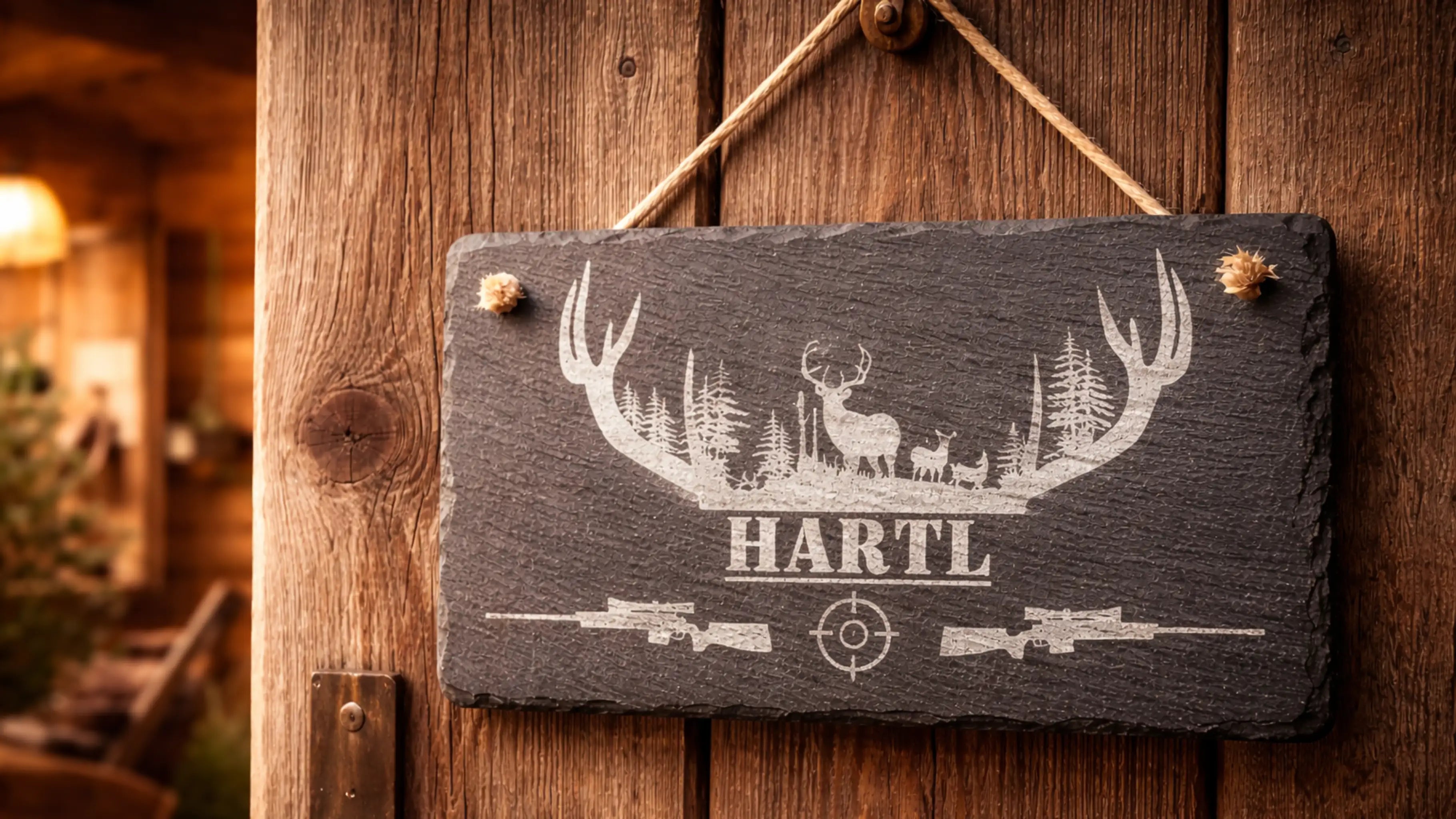 Personalisierte Schieferplatte mit Jagdmotiv und Familienname als Türschild